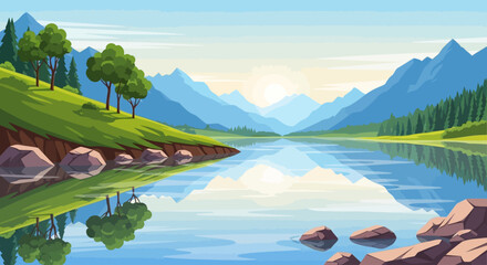 Serene Mountain Lake Landscape with Trees and Blue Sky Vector Illustration