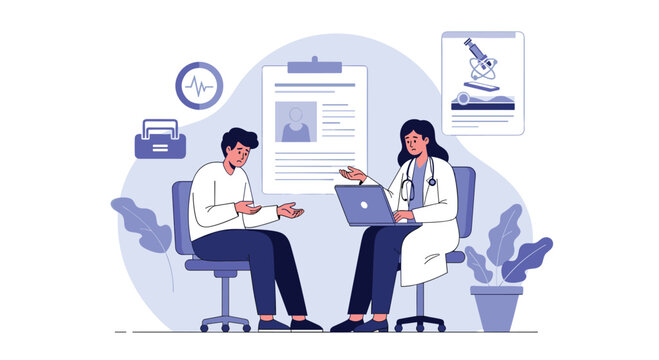 Female doctor using a laptop while consulting with a worried male patient in a medical office with charts and medical icons.