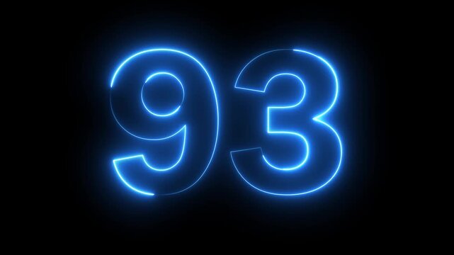 Neon blue color Number 93 text icon animation education mathematic digit count finance countdown icon sign symbol on black background