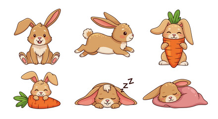 Fototapeta premium Adorable rabbit resting and playing with carrots in a serene environment from various viewpoints