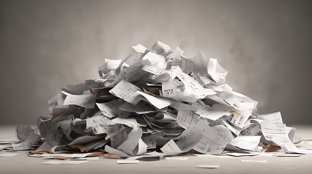 Large, messy pile of receipts and documents against a blurred gray background