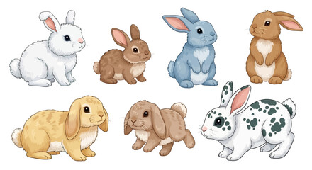 Fototapeta premium Collection of cartoon rabbits in various colors and poses on a white background illustration