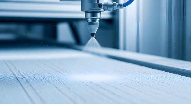 Industrial Precision Spray: Automated nozzle spraying fine mist on blue textile, manufacturing process technology, textile factory production, engineering and quality concept