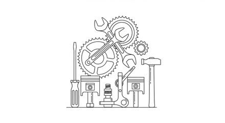 Obraz premium Mechanical components assembled on workbench with various tools and machinery parts visible from a front view