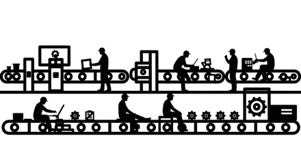 Obraz premium Workers on assembly lines performing various tasks in an industrial setting from a side viewpoint