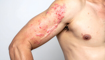 Fototapeta premium Close-up of allergic skin reaction rash on man's arm with red itchy spots medical dermatology concept