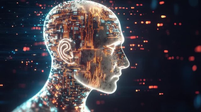 Digital Mindscape: A mesmerizing digital rendering merges the human form with intricate circuits, creating a captivating depiction of the intersection between mind and technology.
