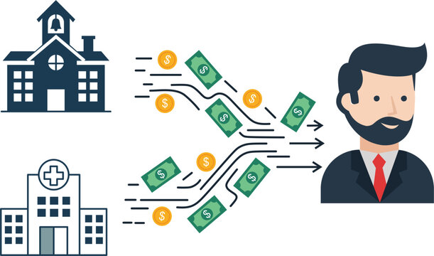 Businessman Receiving Money Flow from Public Services, Finance and Corruption Concept vector Illustration