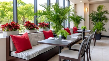 Obraz premium Restaurant banquette seating with tables, plants, and natural light