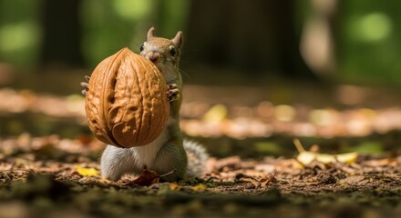 Obraz premium Cute Squirrel Holding Large Walnut on Forest Floor isolated PNG with Transparent Background
