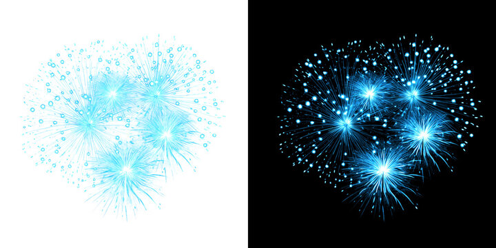 Bright blue exploding fireworks on dark and transparent backgrounds