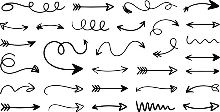 Huge set of black hand drawn doodle arrows including curved swish spiral and double sided pointers isolated on white background.