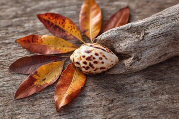 Obraz premium Apricot Cowrie Shell Driftwood Autumn Leaves Warm Rustic Nature Art