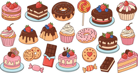 Cute dessert collection with cakes donuts cupcakes and candies, sweet bakery treats set, colorful pastry illustration, flat vector illustration