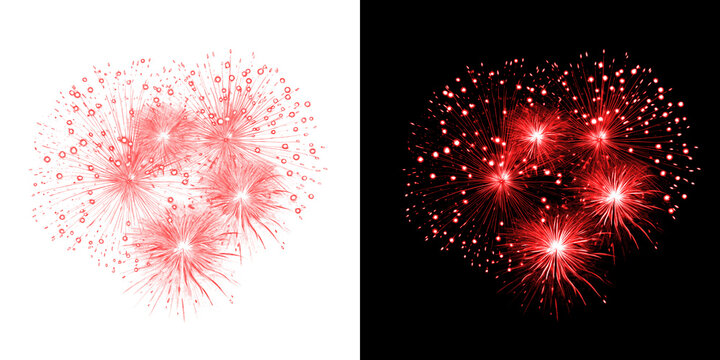 Red fireworks isolated on transparent and black background for design templates