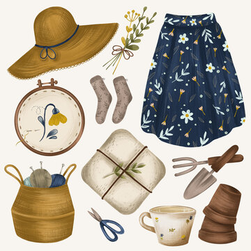 Illustration of a set of clothes and garden utensils