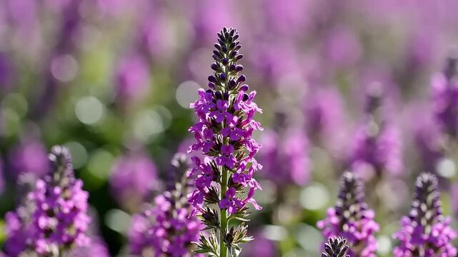 Upright purple flower spikes blooming in field with soft background light