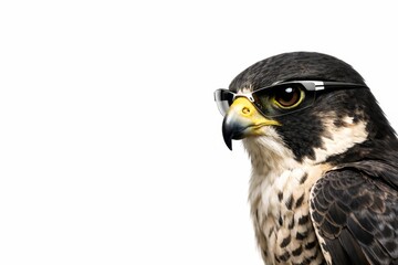 Obraz premium Minimalist portrait of a sharp-eyed falcon wearing modern sunglasses against a bright white backdrop, conveying precision, focus, and high-end contemporary branding potential.