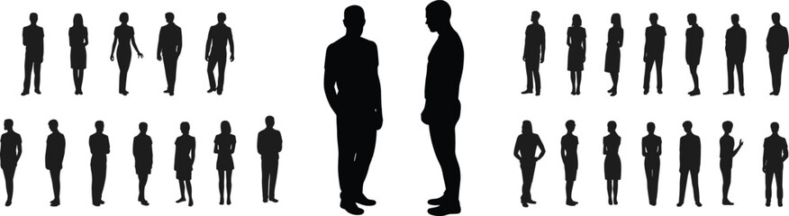 Black silhouette vector illustration of diverse human figures, communication and social interaction concept, body language poses, teamwork design template, psychology study reference © KailashChandra