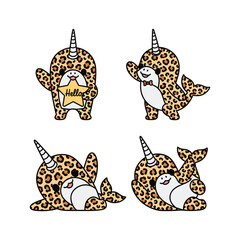 Cute cartoon narwhals in leopard print costumes doing different poses with copy space © MD