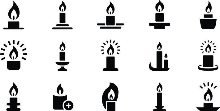 Black silhouette vector illustration of candle icons, decorative flame symbols, spiritual light design, religious ceremony template, illumination concept, user interface element set