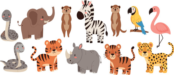 Cute safari animals cartoon set with elephant zebra tiger leopard flamingo and snake playful vector illustration for kids nursery and wildlife designs © Ismail