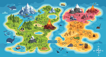 Fototapeta premium Detailed fantasy adventure game map featuring islands volcanoes forests mountains sea monsters and a winding path for exploration.