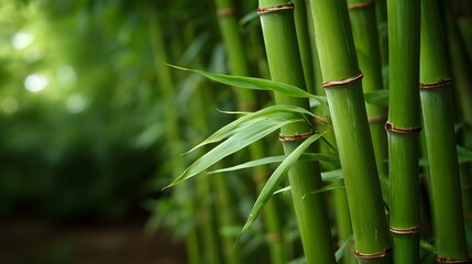 Vibrant green bamboo stalks and leaves in a sun d d forest thicket symbolizing natural growth and tranquility