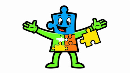Cartoon Puzzle Character with Arms Outstretched and Holding a Puzzle Piece.