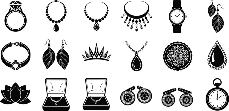 Flat vector illustration of jewelry and accessories collection, black and white silhouettes of rings, necklaces, earrings, watches, tiara, bracelet designs