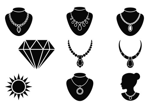 Flat vector illustration of jewelry collection silhouettes, ornate necklaces, diamond icon, sun motif, bust display, cultural fashion accessory designs