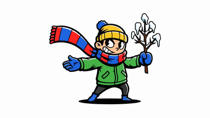 Fototapeta premium Cheerful cartoon character in winter clothing holding a snowy branch.