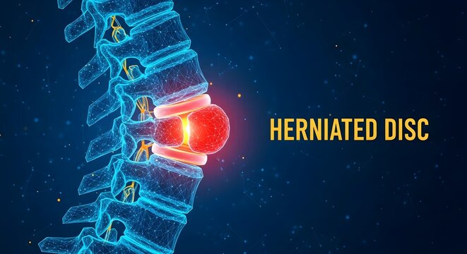 Digital illustration highlighting a herniated disc within the human spine structure