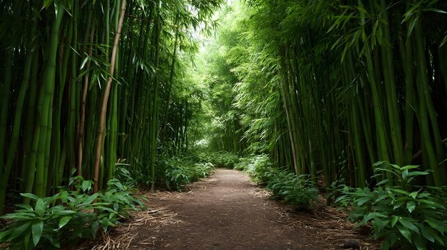 A serene pathway winds through a dense vibrant green bamboo forest bathed in soft diffused light
