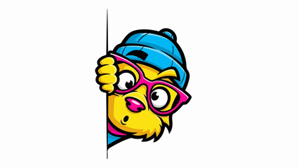 Obraz premium Curious yellow cartoon animal with glasses peeking from behind a wall.