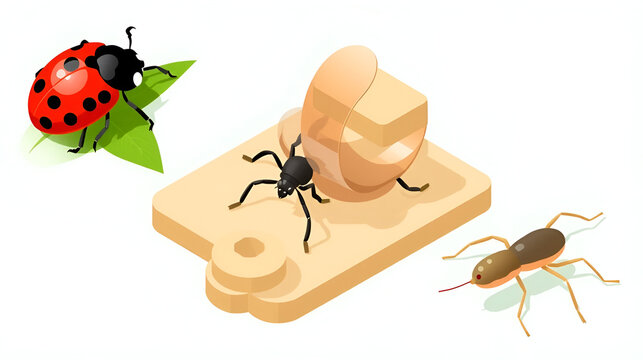 Biological Control Icons. Isometric Flat icon set of biological control in IPM: ladybug, predatory mite, entomopathogenic nematode