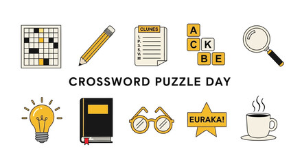 Crossword Puzzle Day graphic with icons puzzle grid pencil clues list letter tiles magnifying glass lightbulb book glasses star and coffee cup © Agung