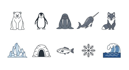 Collection of ten stylized icons representing Arctic animals and environmental elements © Agung