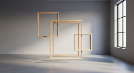Three wooden frames of varying sizes floating in a clean, minimalist room
