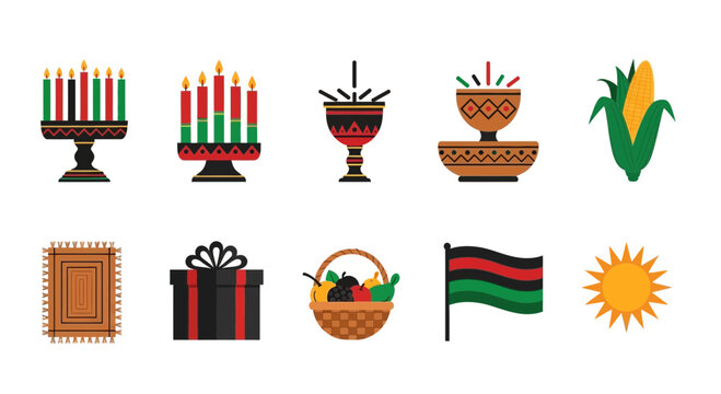 Icons representing Kwanzaa symbols including the Kinara Mkeka and gifts