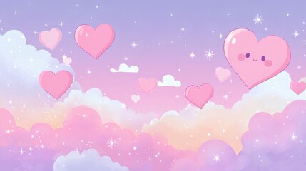 Adorable Pink Hearts Floating in Dreamy Pastel Sky Background