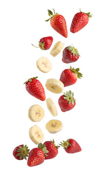 Falling Strawberries and Banana Slices isolated on transparent background