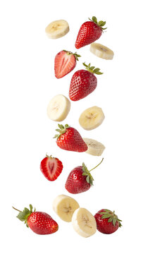 Falling Strawberries and Banana Slices isolated on transparent background
