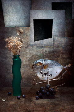 Abstract still life with moonfish and flowers in a vase