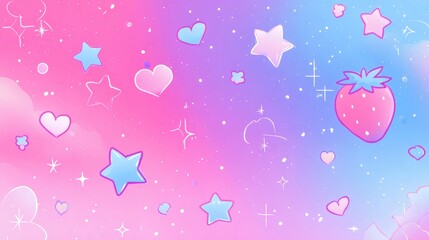Colorful Fantasy Background with Cloud, Stars, Hearts and Strawberries