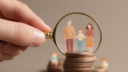 Hand Holding Magnifying Glass Over Illustration of Family and Coins