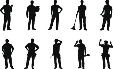 Worker silhouettes, manual labor tools, industrial professions illustration, construction industry concept, diverse occupations art, technical field design, working class representation