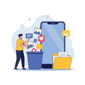 Digital data cleanup and file organization concept showing a person discarding unnecessary icons into a blue trash bin near a smartphone.