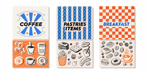 Three vintage style food stall signs for coffee pastries and breakfast
