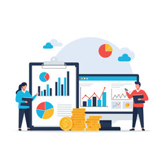 Business professionals analyze various financial charts and graphs on a large clipboard and computer monitor with stacks of gold coins nearby.
